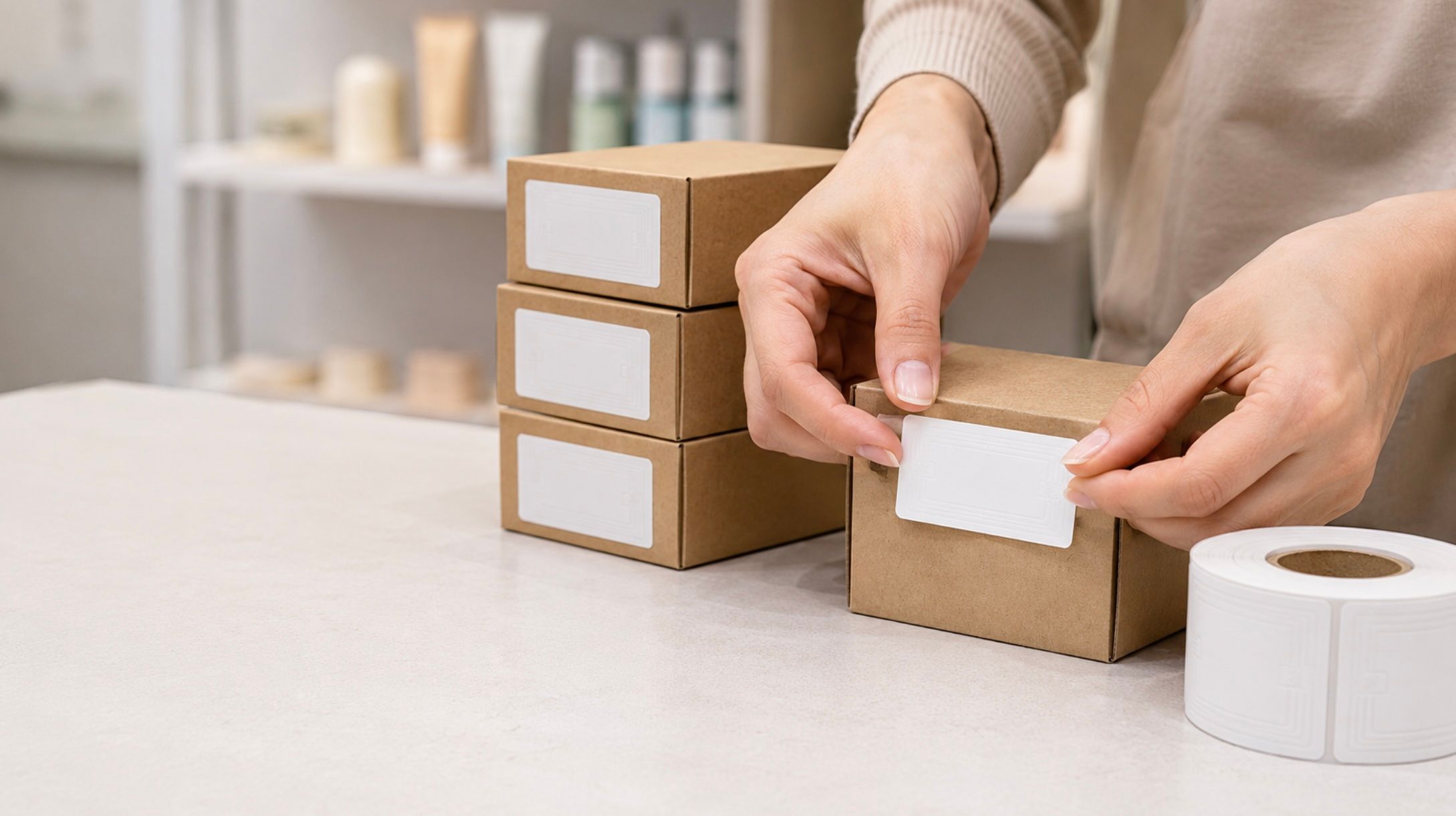 Hands smoothing a white adhesive RFID label onto a kraft box beside a stack of labeled boxes and a roll of blank labels on a retail counter
