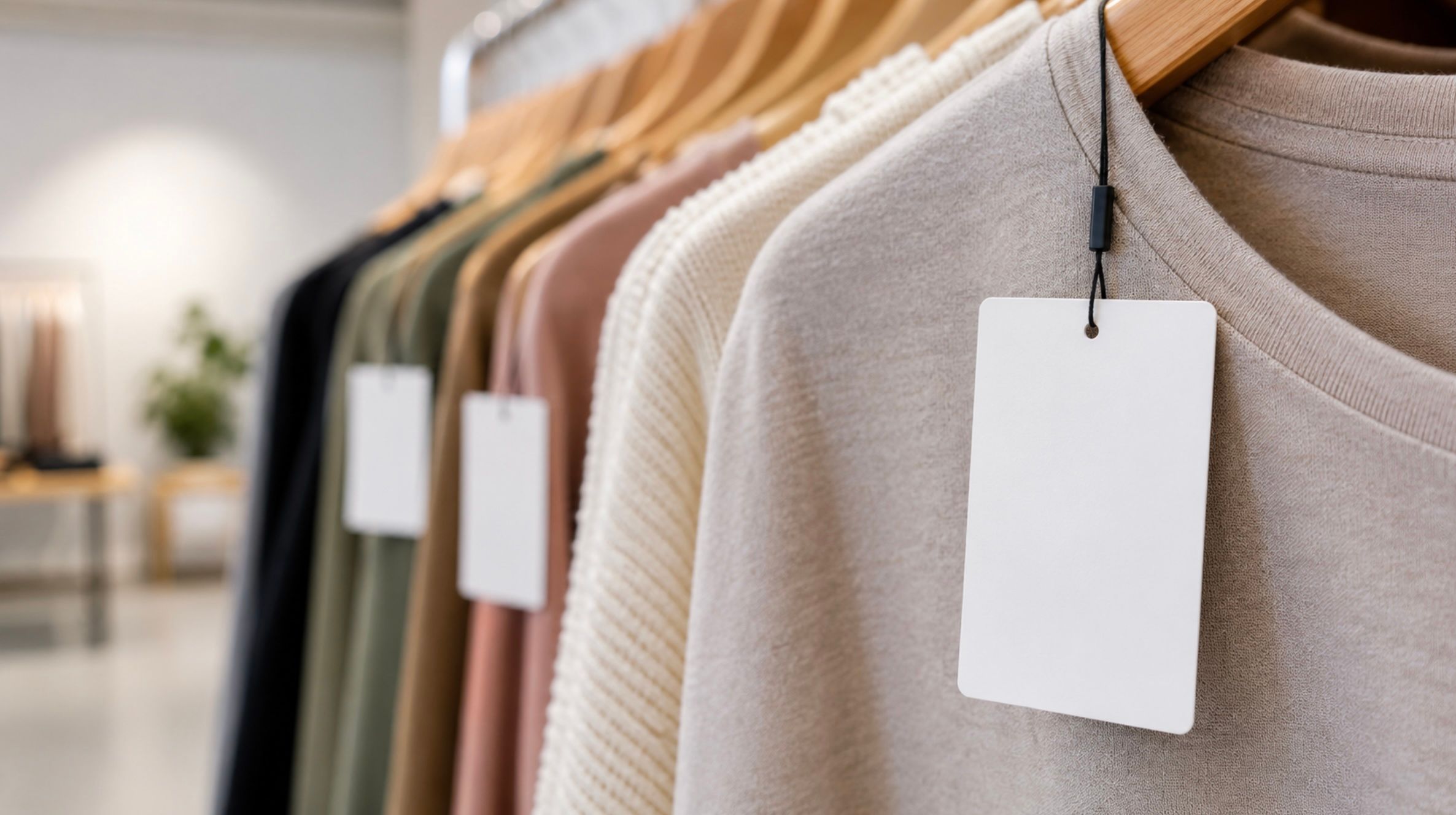 White RFID hangtags hanging from a row of garments on wooden hangers in a bright boutique, the closest tag in crisp focus