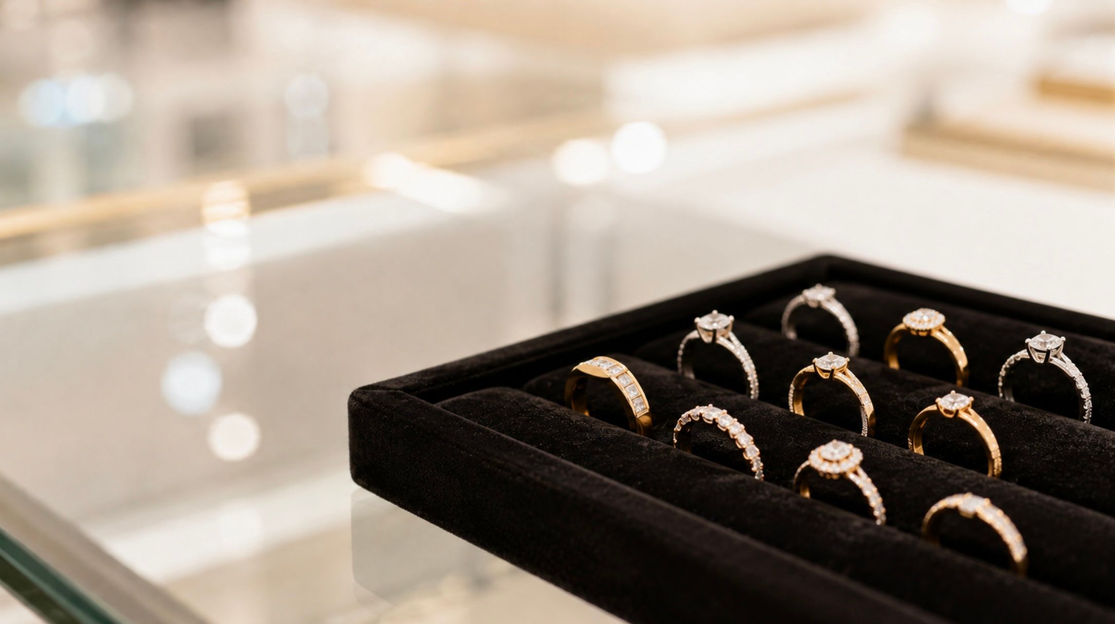 Diamond and gold rings arranged in a black velvet display tray on a glass jewelry counter in a bright store