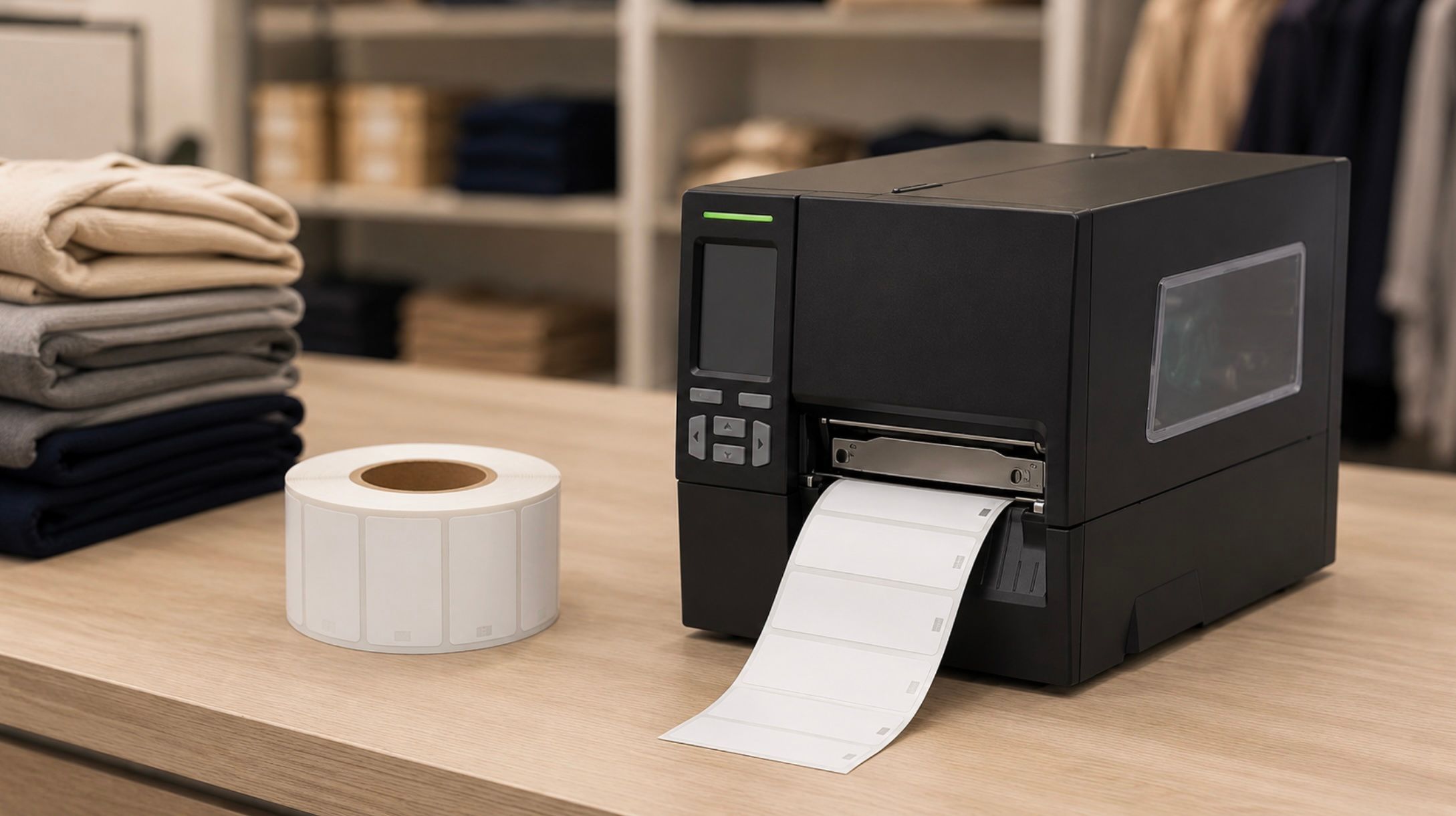 A black industrial RFID label printer on a wood retail counter feeding out a strip of blank white RFID labels, with a roll of label stock and folded knitwear beside it