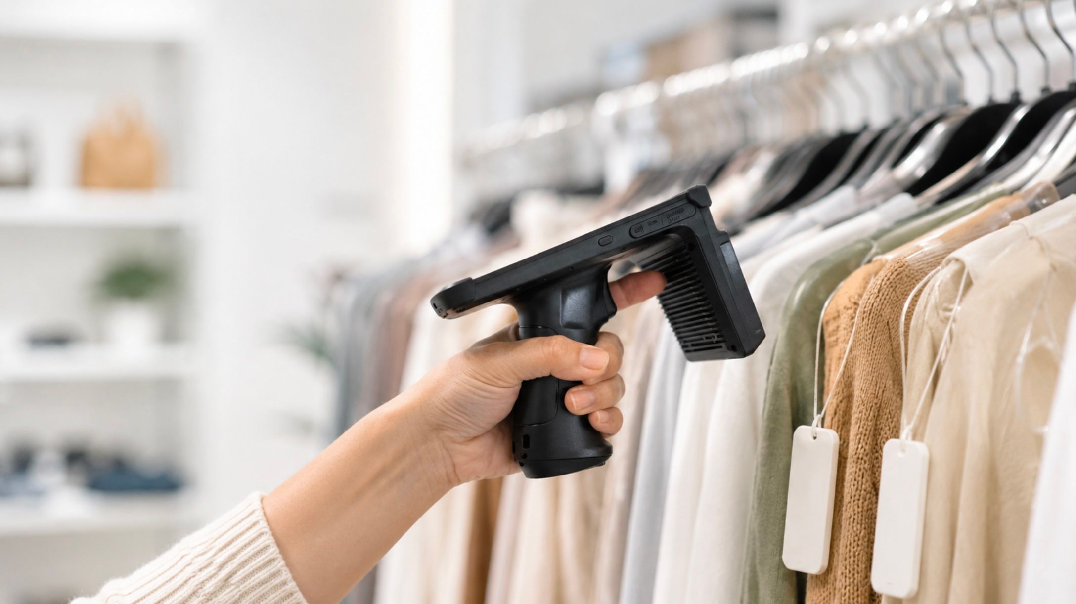 A hand sweeps a pistol grip handheld RFID reader along a rack of hanging garments carrying white RFID hangtags in a bright boutique