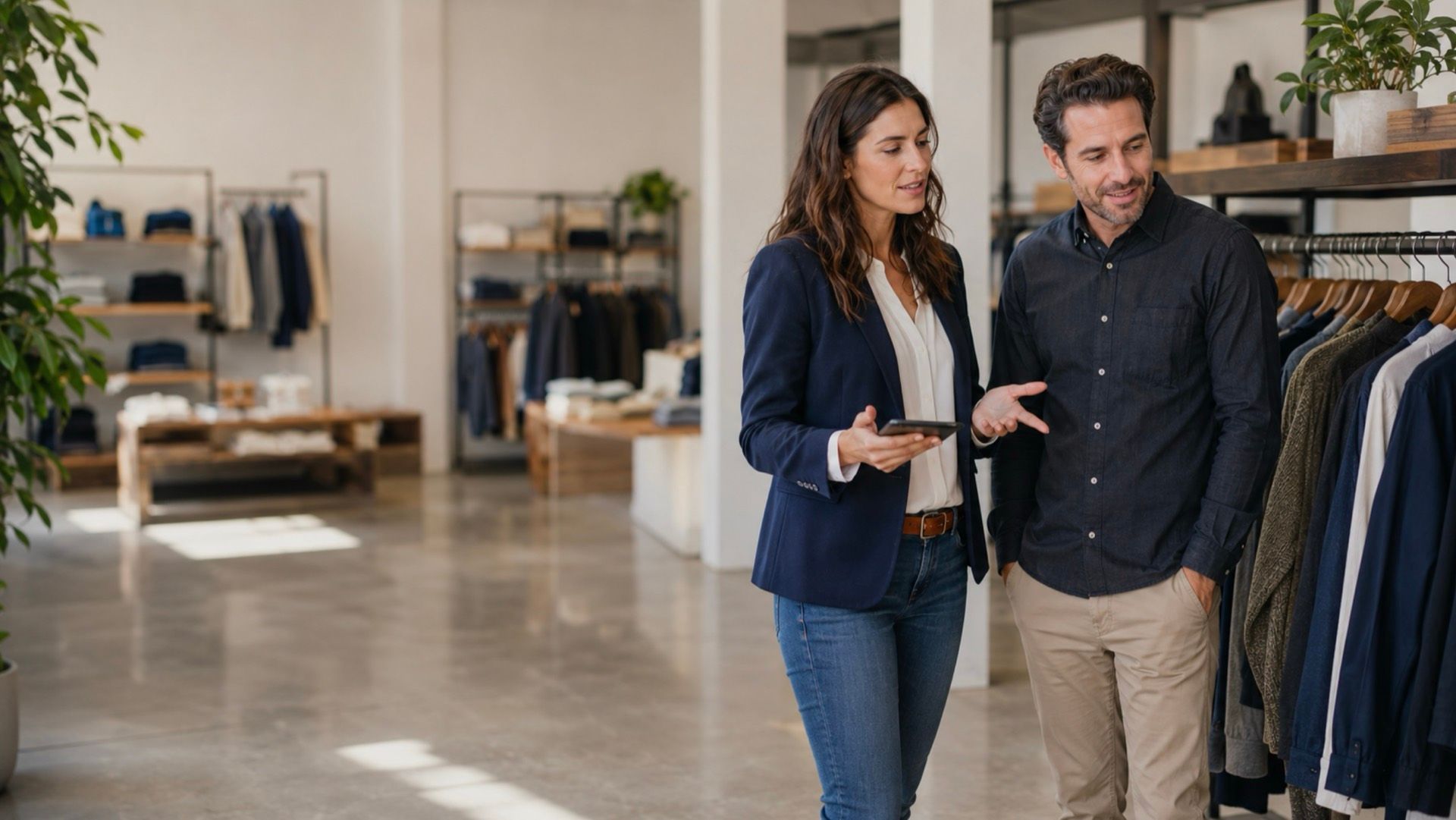 Two retail professionals reviewing inventory on a tablet while walking the sales floor of an apparel store