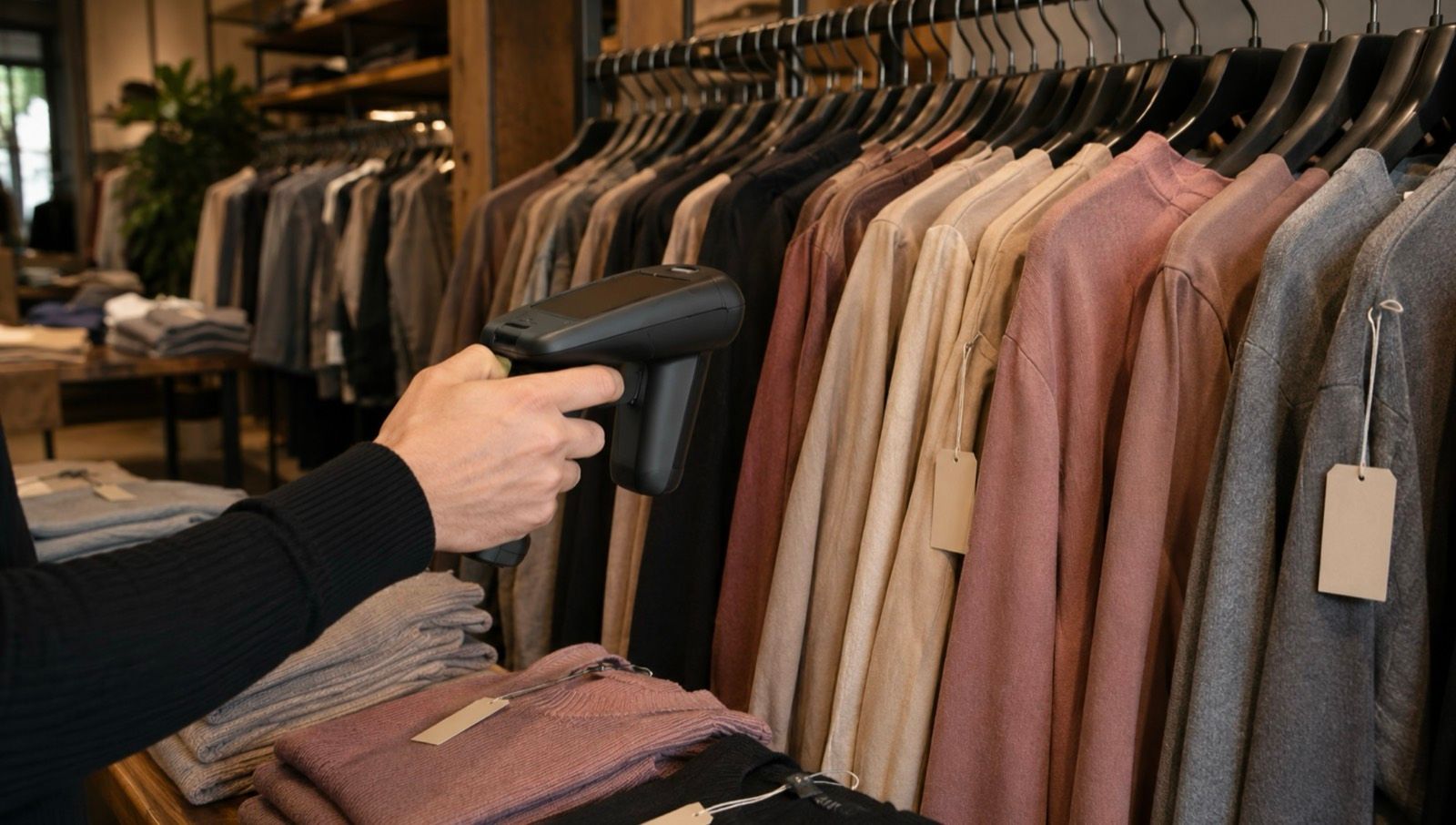 A handheld RFID reader scanning a rail of hanging apparel with RFID hangtags on a store sales floor