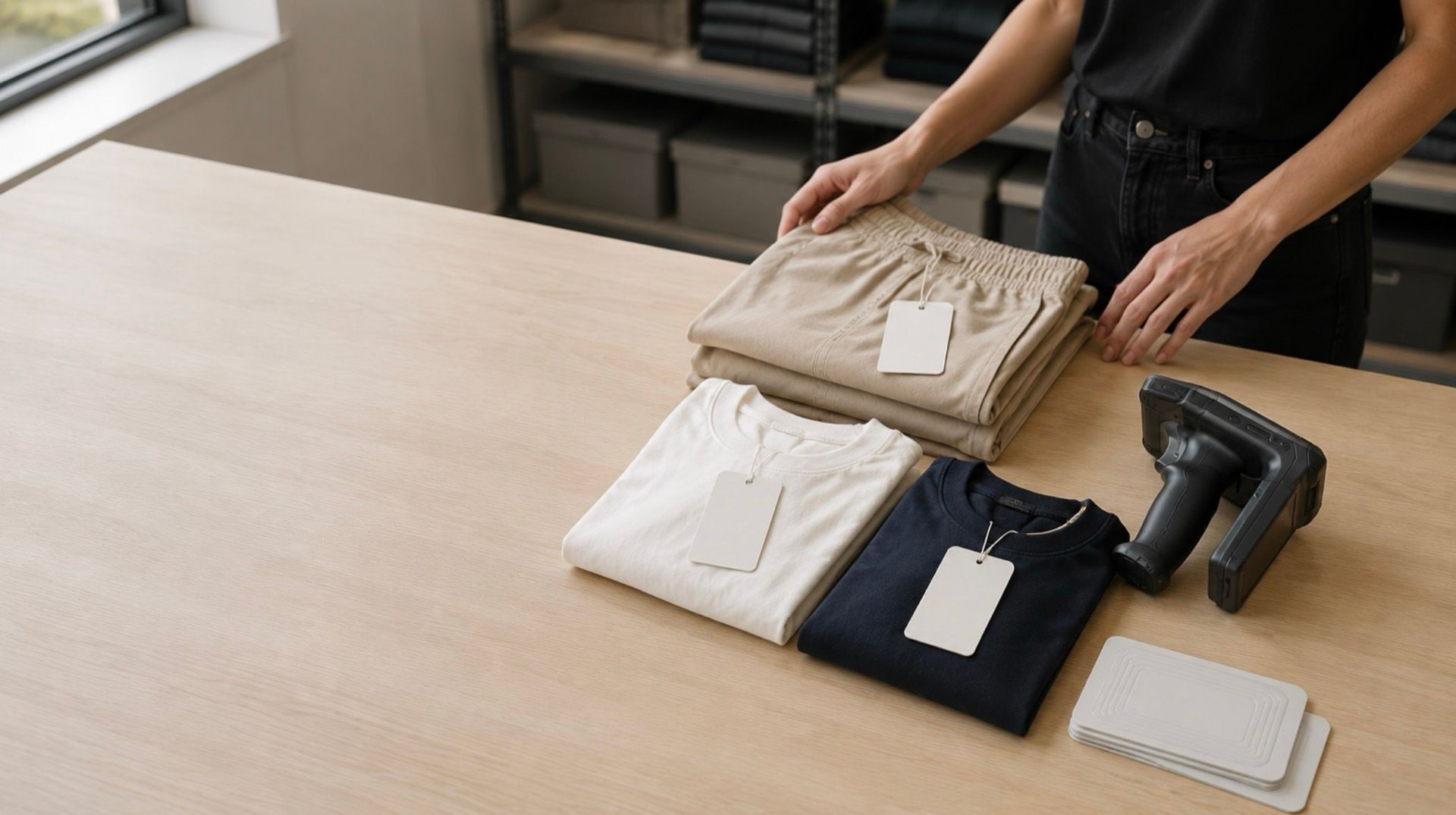 Folded apparel with blank RFID hangtags, a handheld RFID reader, and a stack of RFID labels on a stockroom worktable