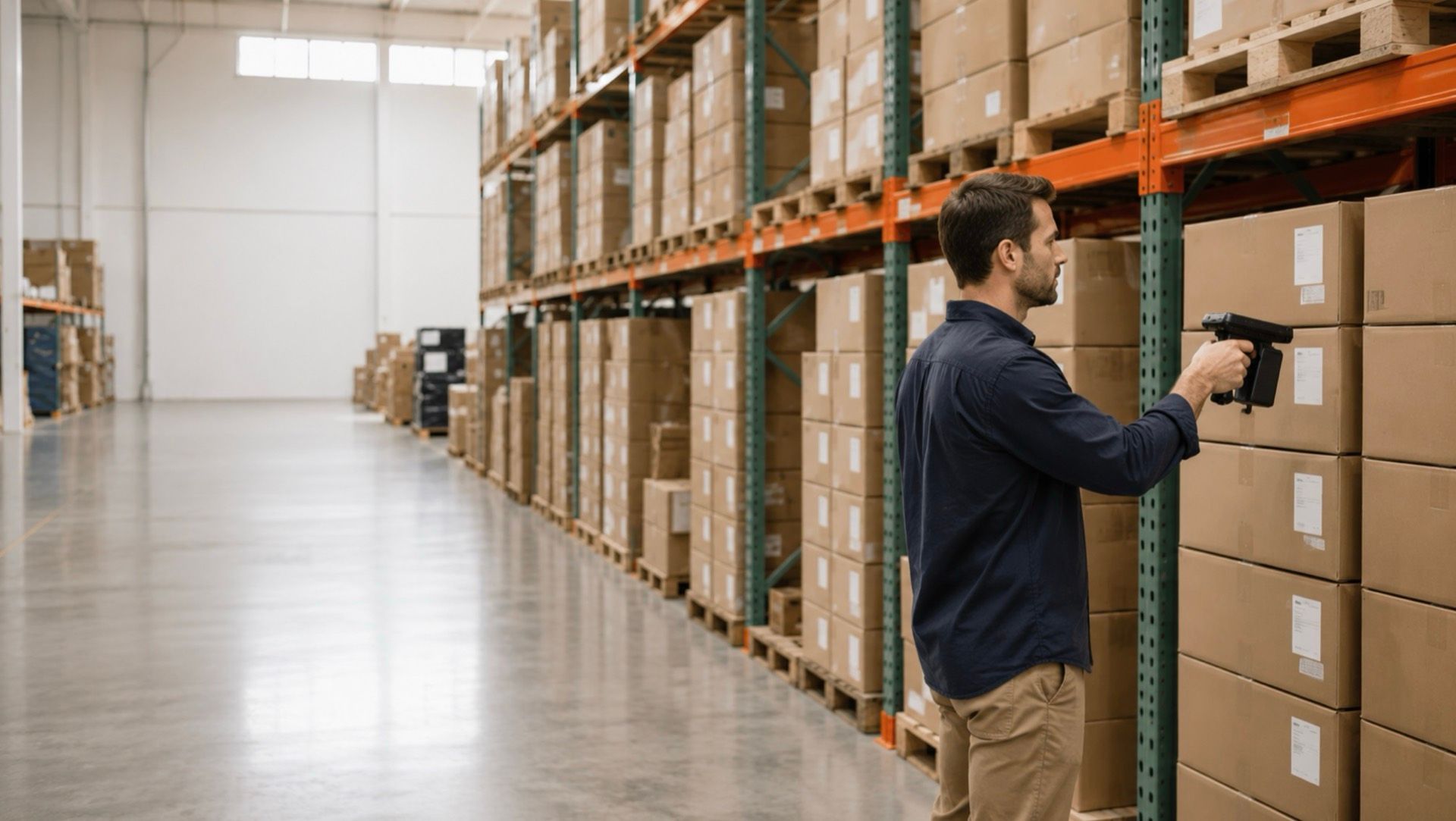 Distribution center associate scanning palletized merchandise on a pallet rack with a handheld RFID reader
