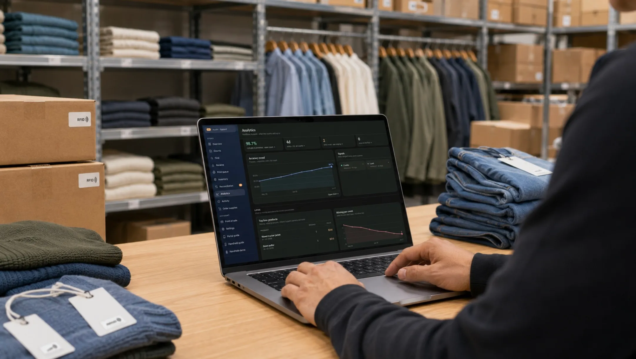 A retailer reviewing the indexRFID inventory analytics dashboard on a laptop in a store stockroom