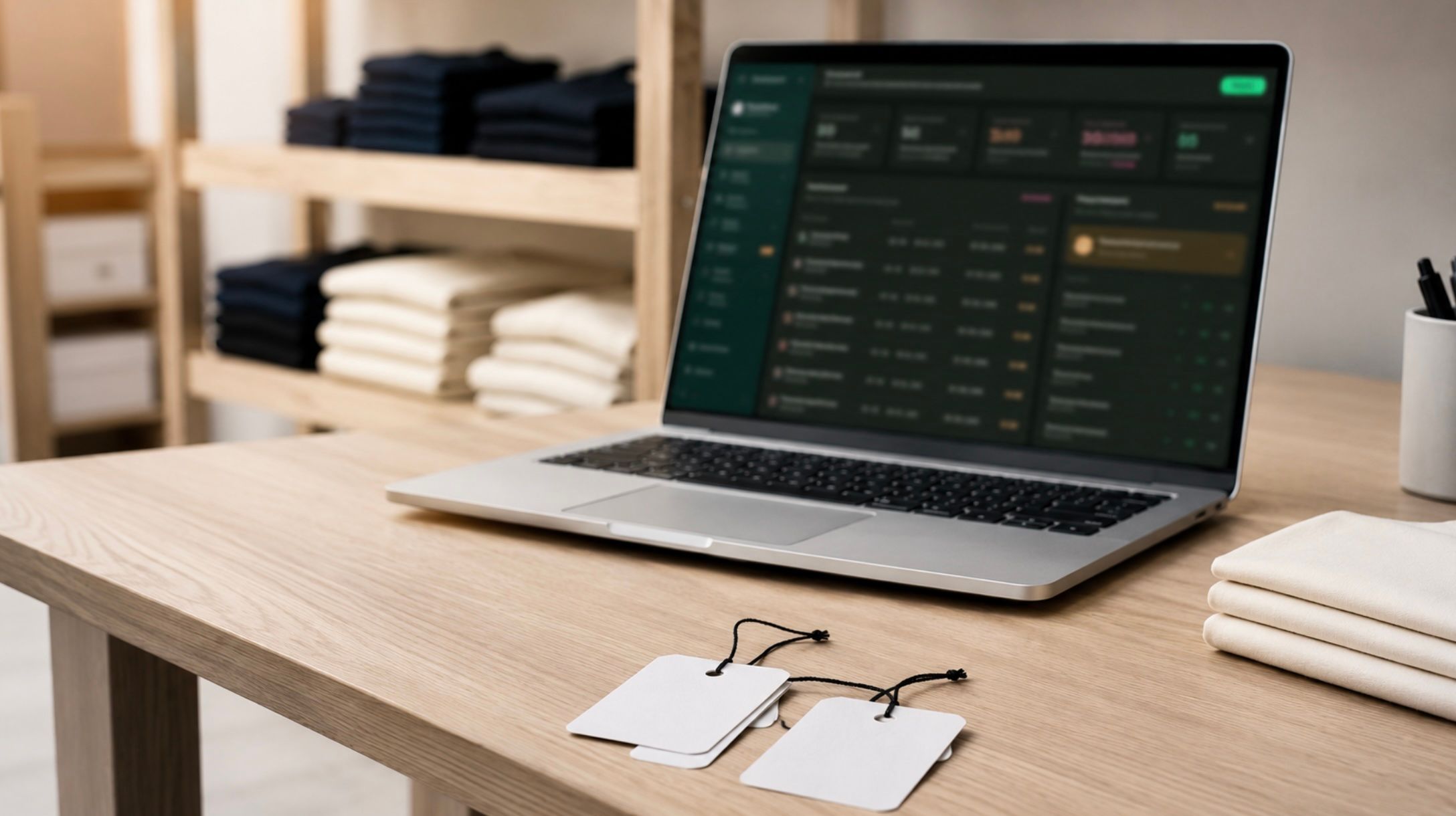 A laptop on a retail back office desk showing a softly blurred dark inventory dashboard, with white RFID hangtags and folded merchandise nearby