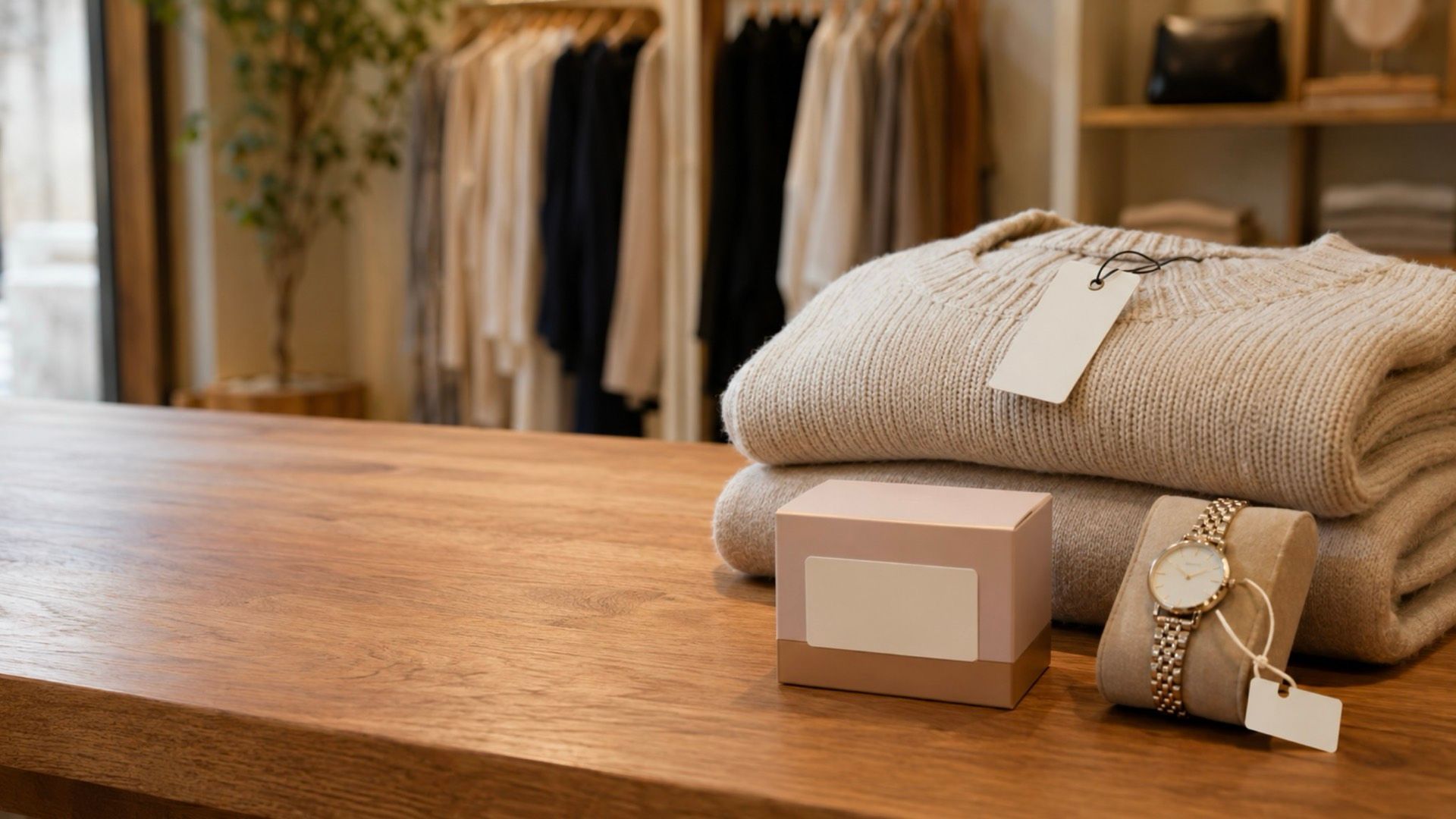 Three RFID label formats in a boutique: a hangtag on folded knitwear, an adhesive label on a packaged product, and a jewelry tag on a watch