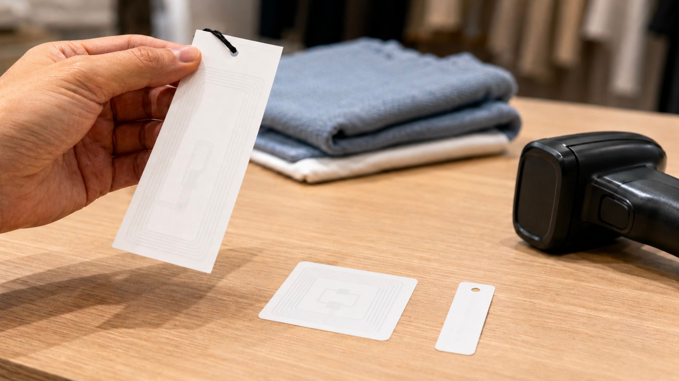 A hand holds an RFID apparel hangtag up to the light, its embedded antenna visible through the paper, next to an adhesive UHF label, a jewelry tag, and a handheld RFID reader on a wood counter