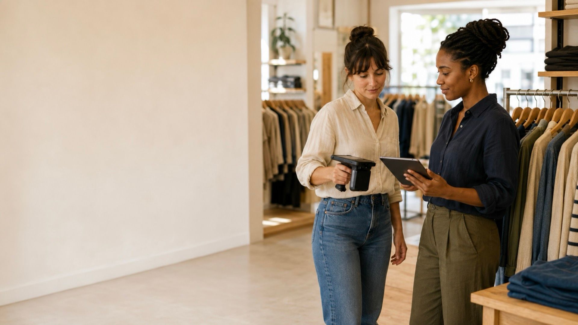 Two sales associates cycle counting a boutique apparel floor with a handheld RFID reader and a tablet