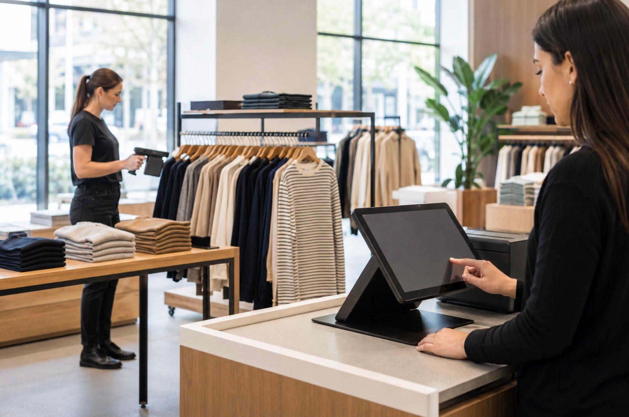 A retail associate ringing up a sale on a tablet point of sale at the counter while a second associate counts a rack of apparel with a handheld RFID reader in the background