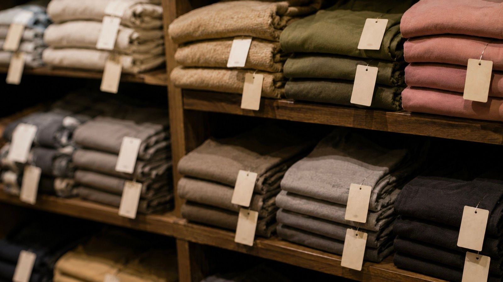 Shelves of neatly folded apparel in a retail stockroom, each stack carrying RFID hangtags
