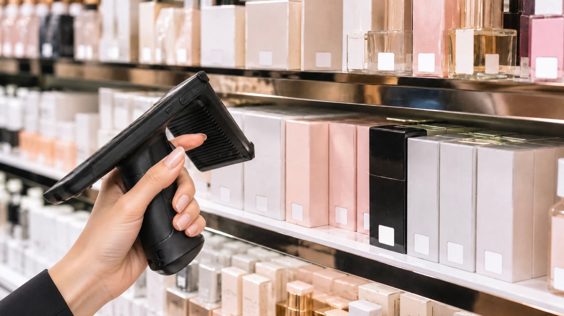 A clean beauty retail shelf of small skincare and makeup boxes, each carton carrying a blank RFID adhesive label