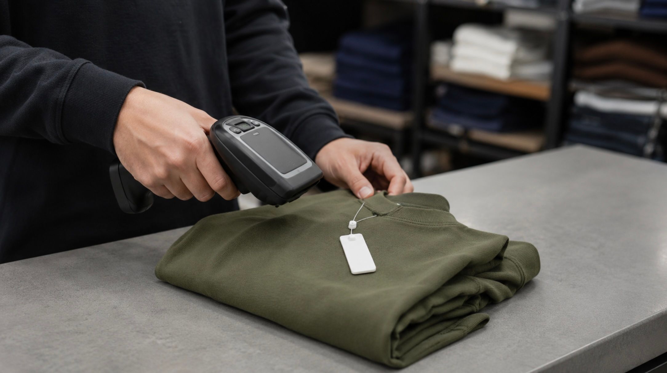A retail associate at a back counter reading a returned folded garment with a handheld RFID reader before placing it back on a stockroom shelf