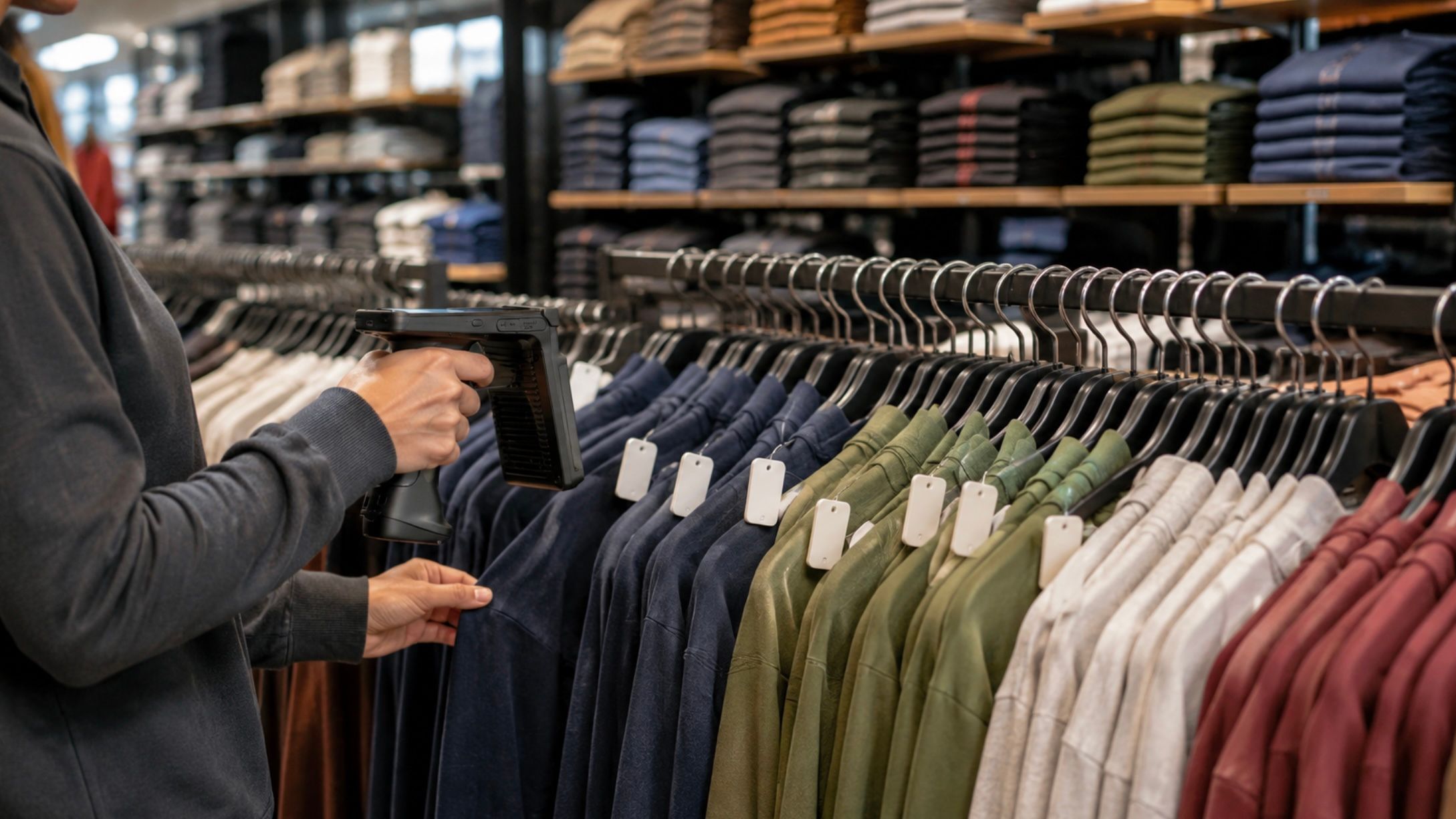 A retail associate sweeping a handheld RFID reader across a full rack of tagged apparel on a busy sales floor stocked for a seasonal rush