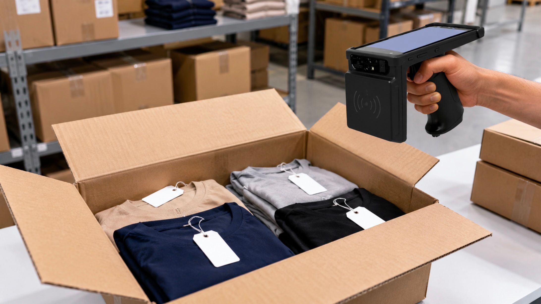 A stockroom associate holding a handheld RFID reader over an open shipping carton of tagged apparel on a receiving table in a bright backroom