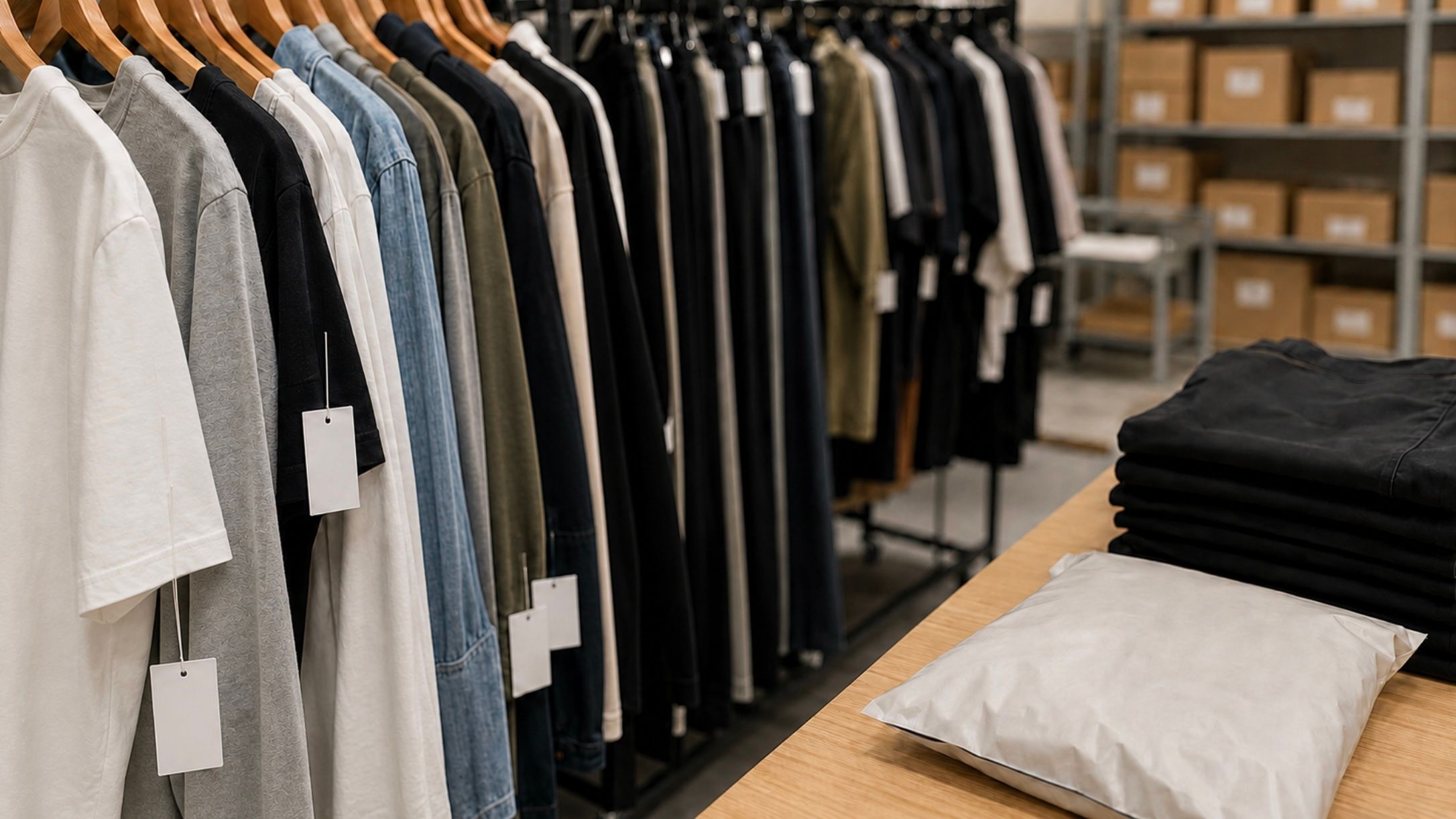 A rack of apparel with white hangtags beside a packing table holding folded garments and a poly mailer, with shelves of boxes in the background