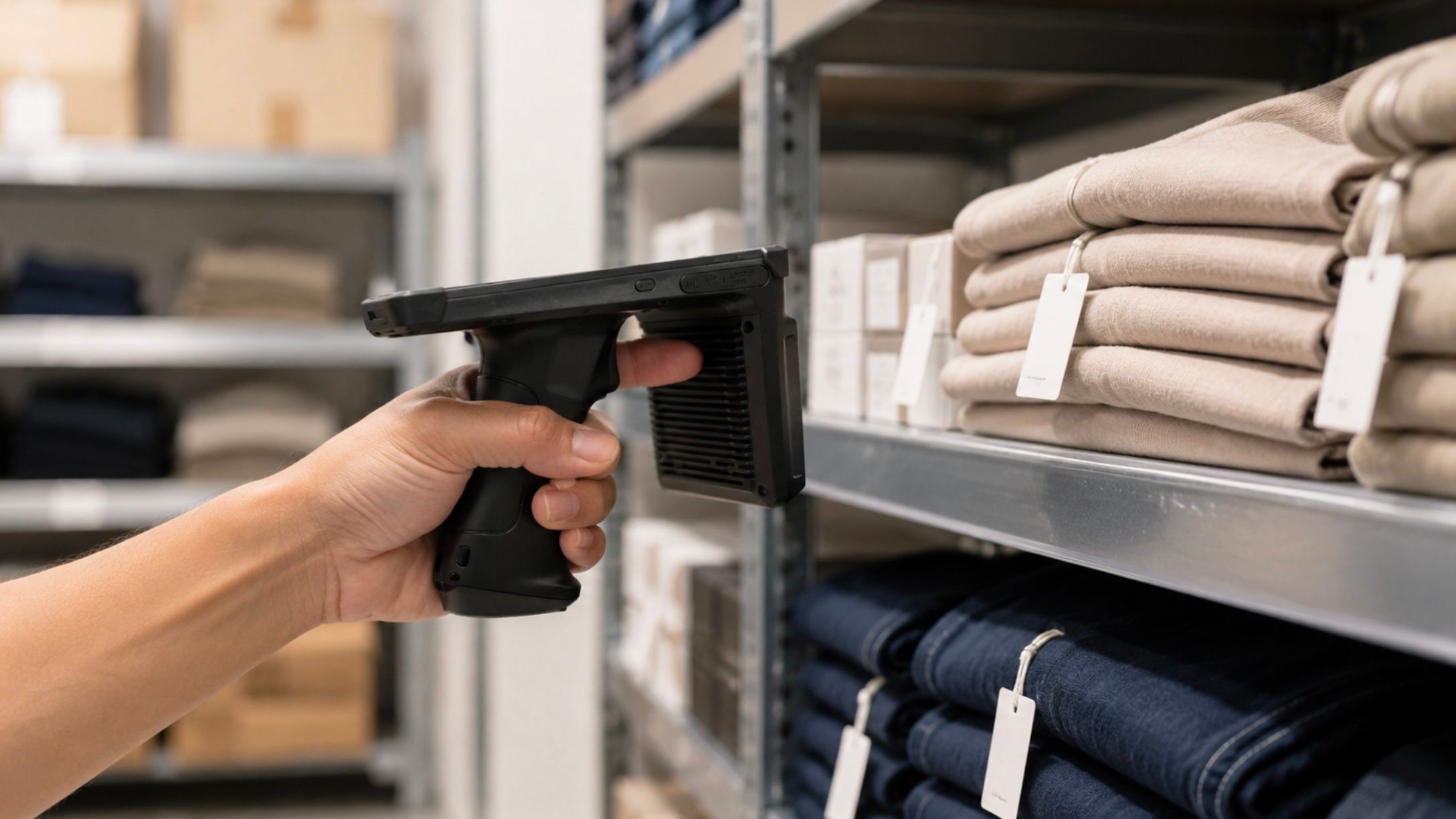 A retail associate holding a handheld RFID reader beside a stockroom shelf of folded apparel, checking counted stock against the record