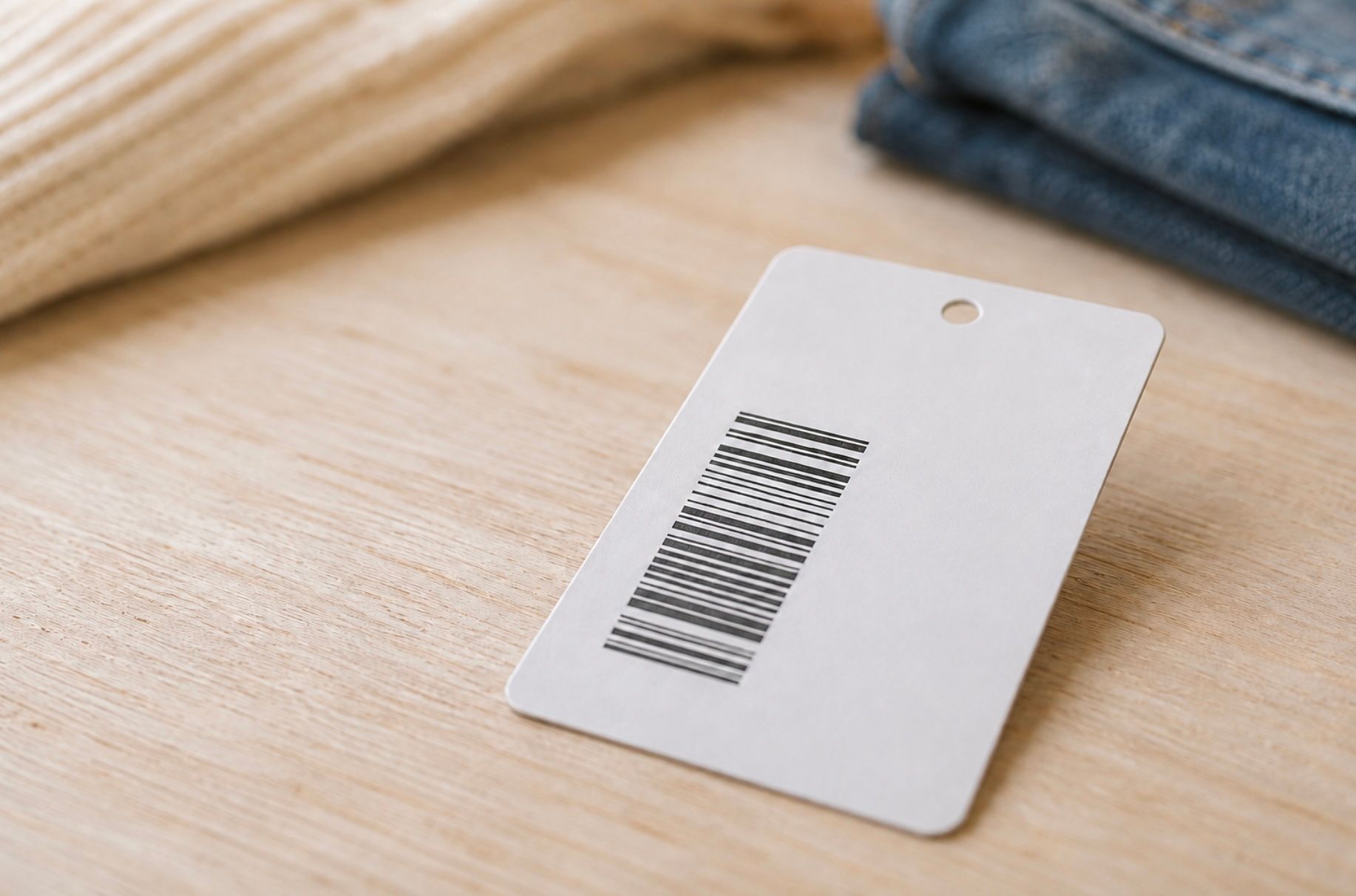A retail apparel hangtag printed with a barcode resting on a light wood surface, with folded clothing softly blurred in the background