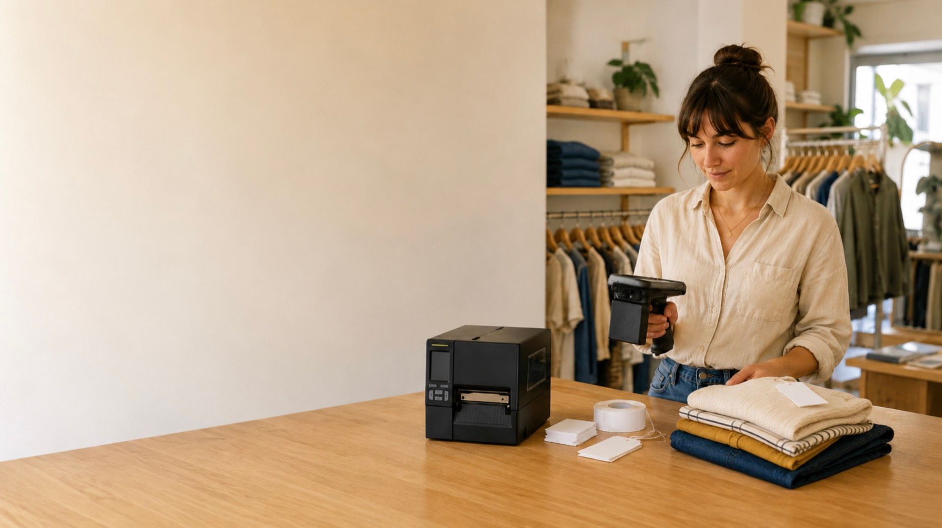 Independent boutique owner holding a handheld RFID reader at the sales counter beside an RFID label printer, a roll of labels, and folded apparel with RFID hangtags