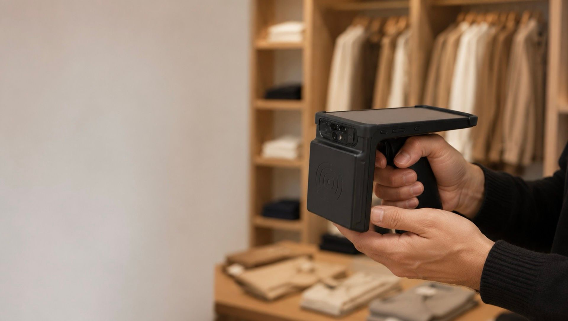Hands holding a black handheld RFID reader in a warm boutique, presented as a premium piece of retail hardware