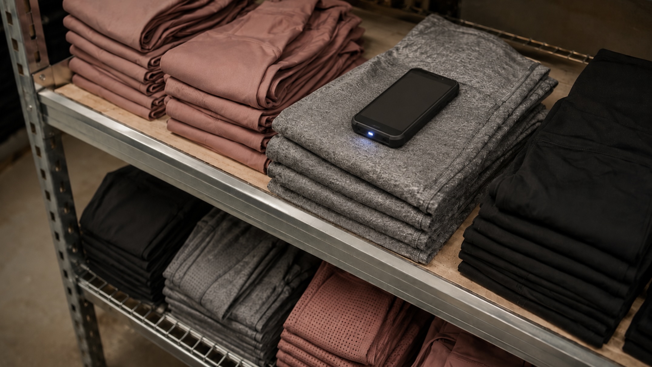 A handheld RFID reader resting on folded apparel on a retail stockroom shelf