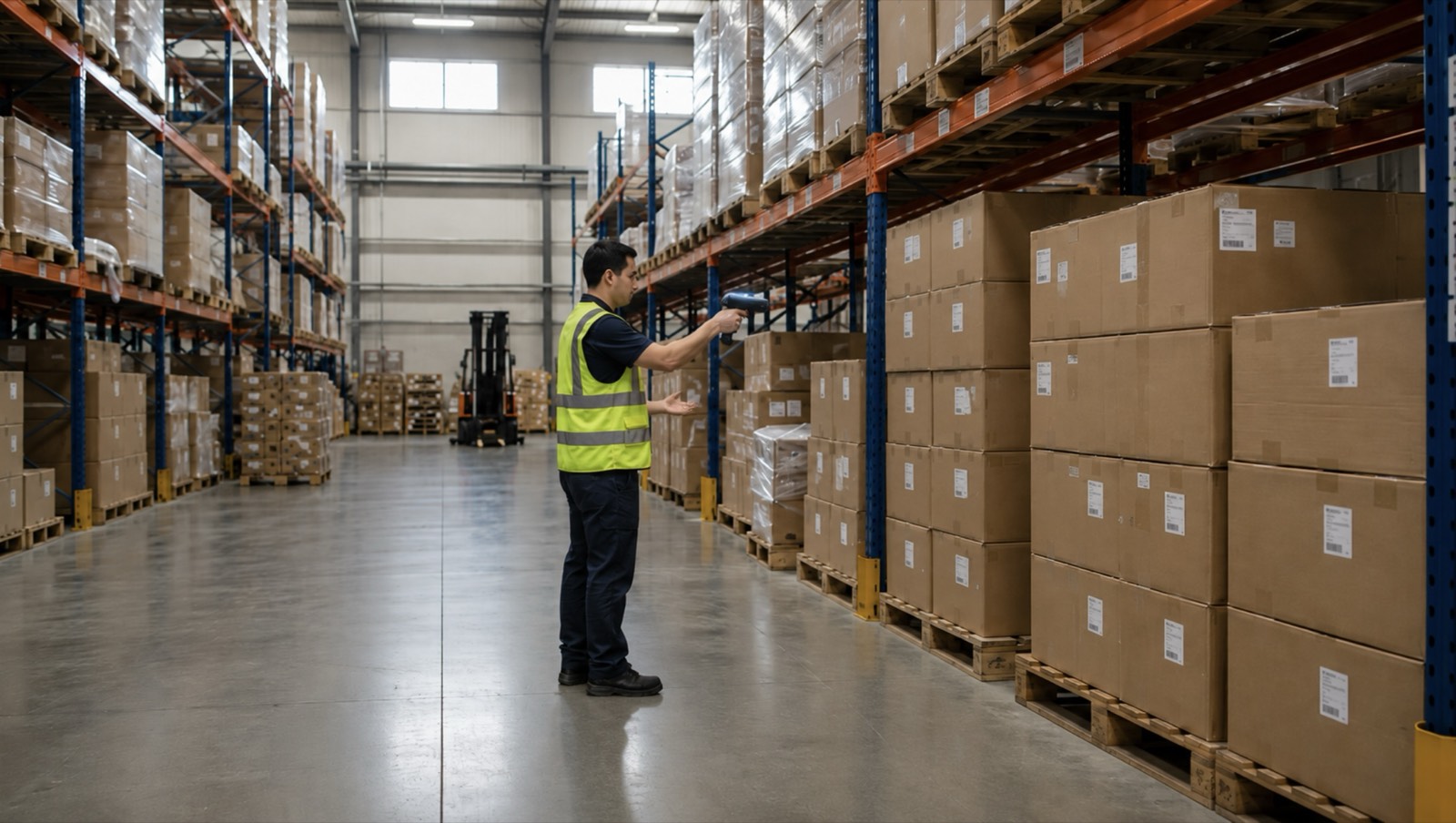 Distribution center associate scanning palletized merchandise on a pallet rack with a handheld RFID reader