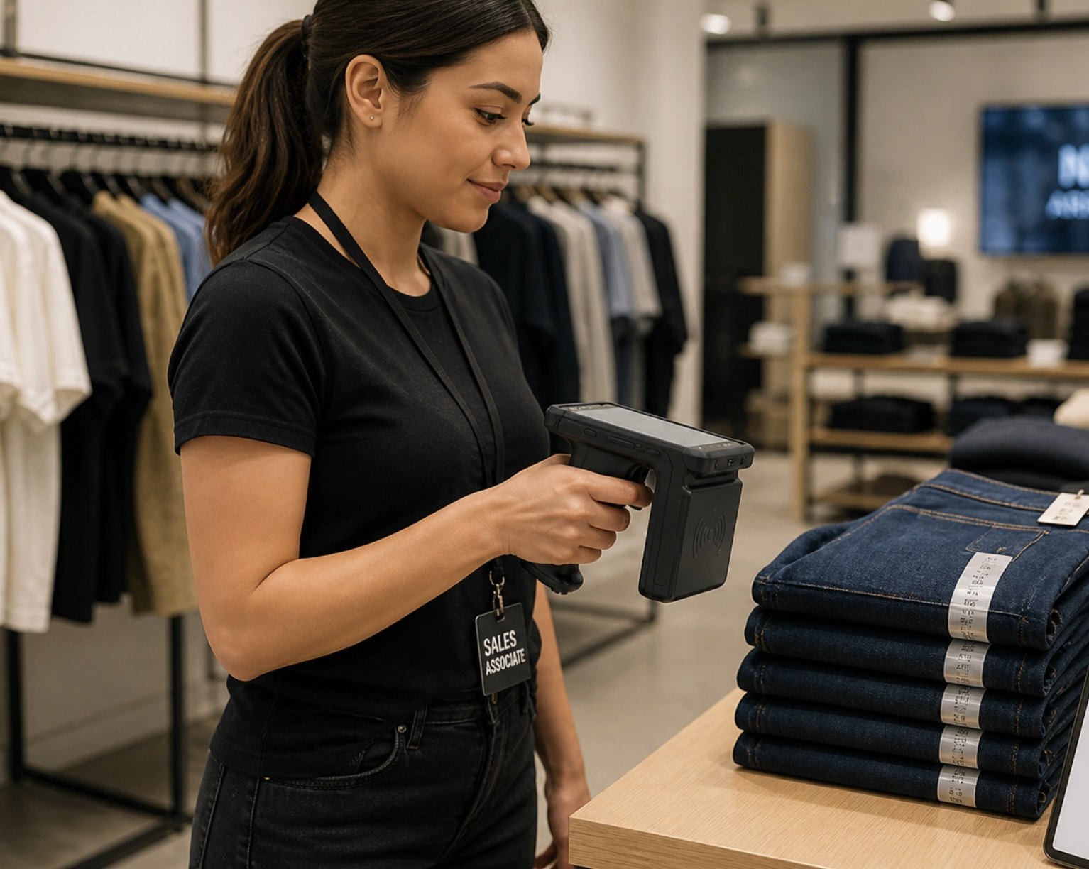 Apparel store sales associate counting denim inventory with a C8001 handheld RFID reader