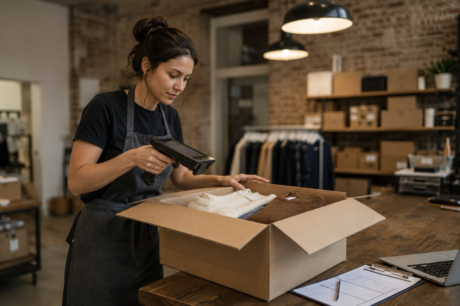 Boutique receiving associate scanning a newly arrived carton of folded sweaters with a handheld RFID reader